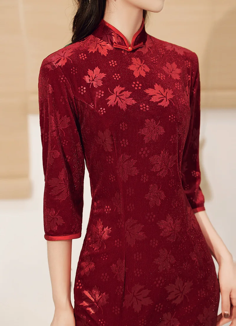 Женское винтажное красное платье Ципао с высоким разрезом и рукавом три четверти