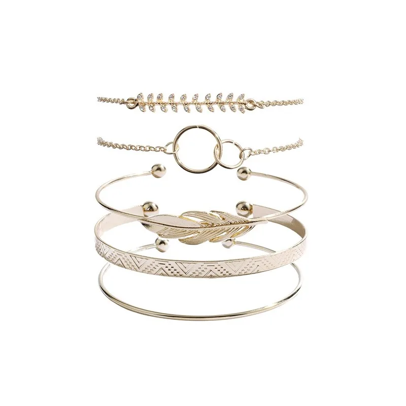 Sindlan 5PCs Vintage Flower Pattern Feather Bangles for Women Gold Crystal Charm Open Bracelets Set Fashion Wrist Chain Jewelry | Украшения