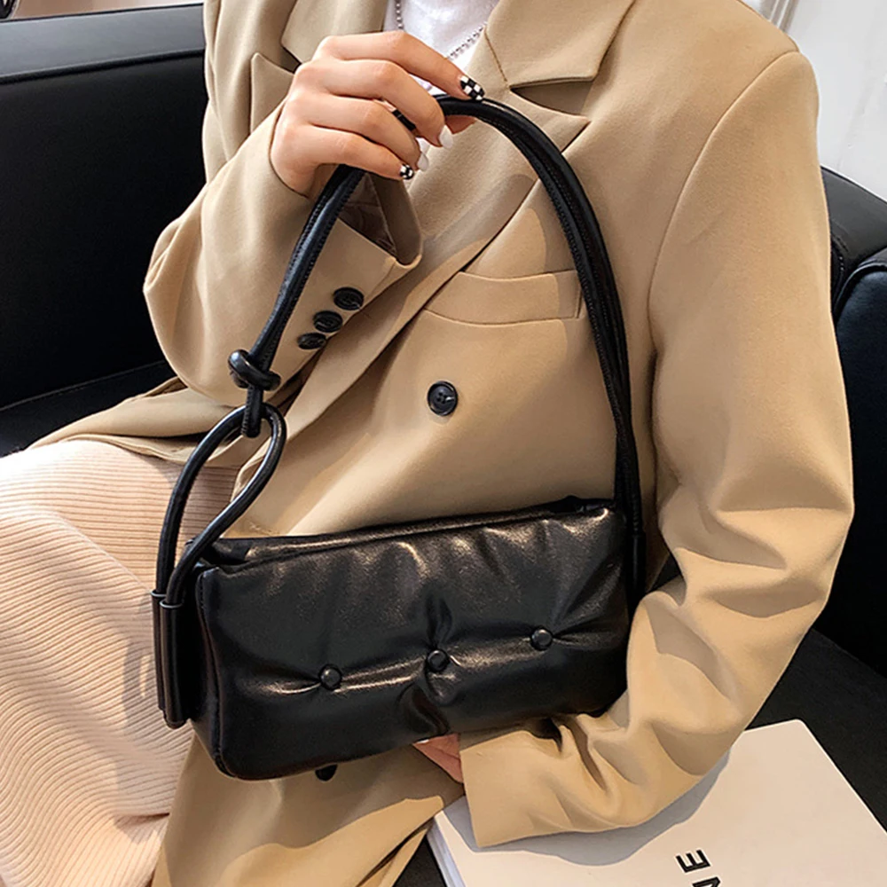 

Fashion Soft PU Handbag and Purse Designer Rivet Padded Women Shoulder Bag Brands Knot Handle Underarm Bag Winter Baguette 2021