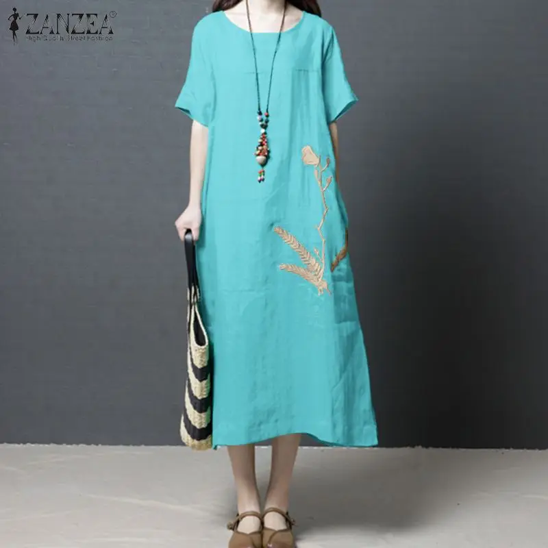 ZANZEA летний Повседневный Сарафан винтажное Хлопковое платье с цветочной вышивкой