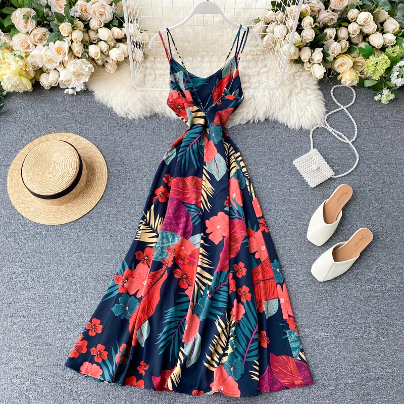 Женское винтажное платье с цветочным принтом GLAUKE летнее пляжное миди открытой