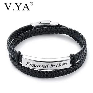 V.YA браслет из гладкой кожи с двойным кольцом, 2019, модные ювелирные изделия, черный браслет из нержавеющей стали, аксессуары