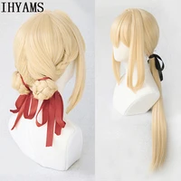 violet evergarden cosplay wig heat resistant synthetic light blonde hair cosplay wigs with ribbon wig cap