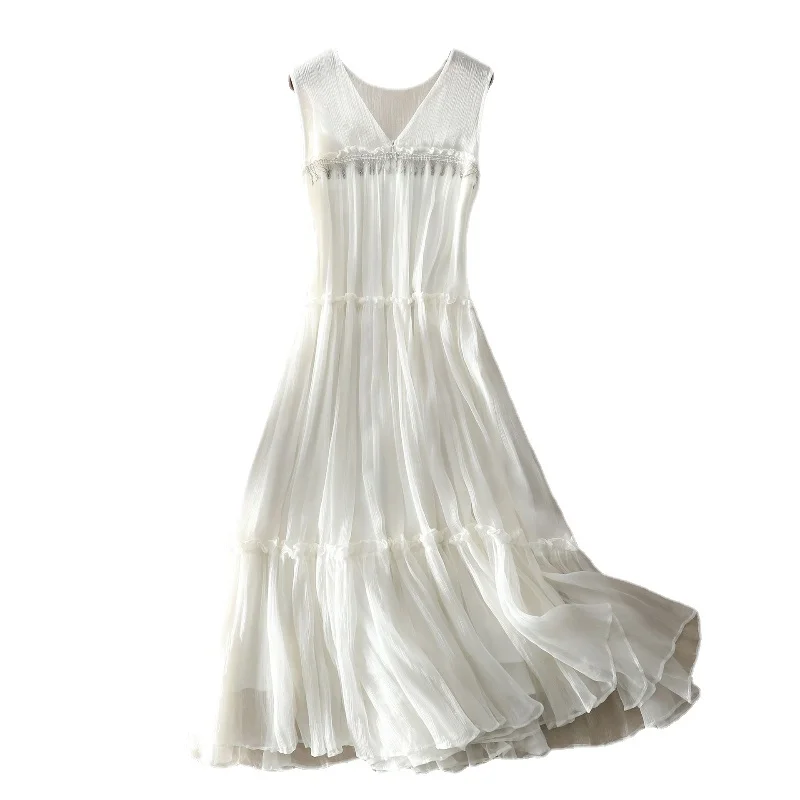 

Женское платье из натурального шелка, корейские элегантные платья для женщин, новое платье без рукавов в стиле бохо, женские платья SQQ29