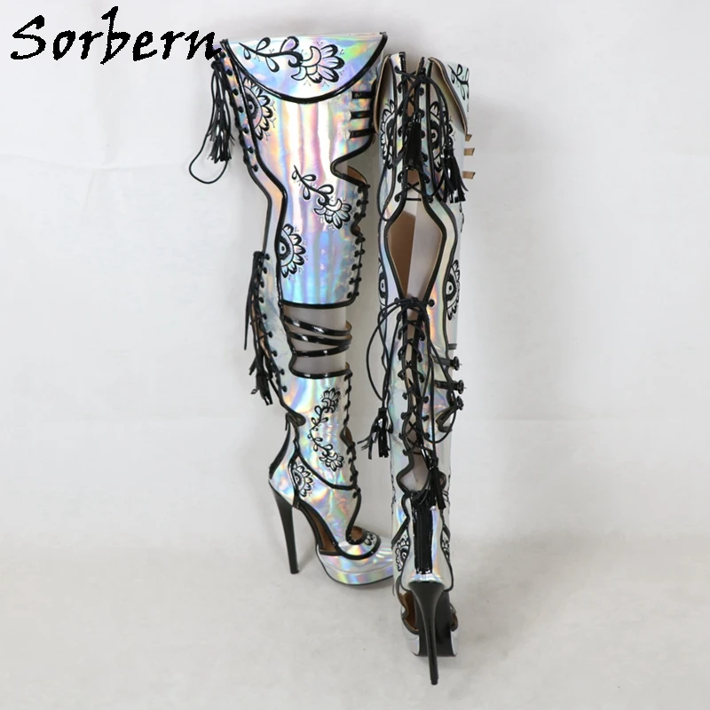 Sorbern Embroider Mid Thigh Boots Women Holo Silver High Heel Stilettos Fetish Shoes Fetish Over the Knee Boots For Drag Queen