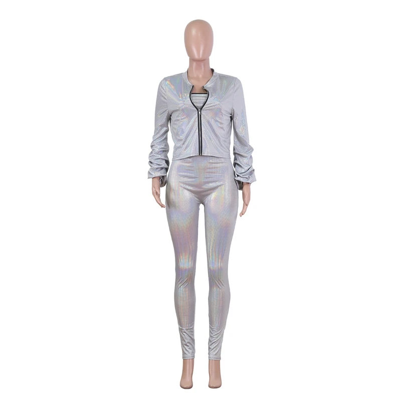 

ZKYZWX Sexy Hot Stamping Shiny 2 Piece Set Women Clothing Crop Coat Off Shoulder Jumpsuit Matching Sets Birthday Club Outfits