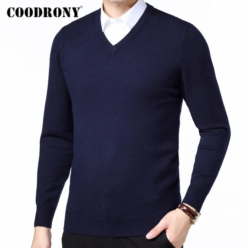 Бренд COODRONY, мужской свитер, Осень-зима, толстый, теплый, для мужчин, Классический Повседневный пуловер с v-образным вырезом, мужской кашемировый шерстяной трикотаж 91110