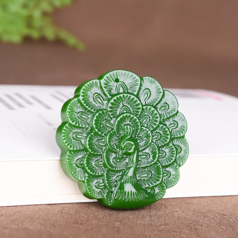 Китайская подвеска из натурального зеленого павлина нефритовое ожерелье ручная