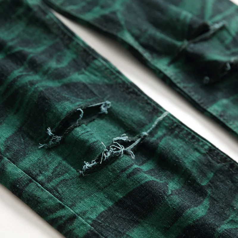 Stylish Hole Ripped Tie Dye Vintage Men Pencil Jeans Trousers Streetwear Kanye West Cotton Retro Green Punk Denim Pants Spodnie