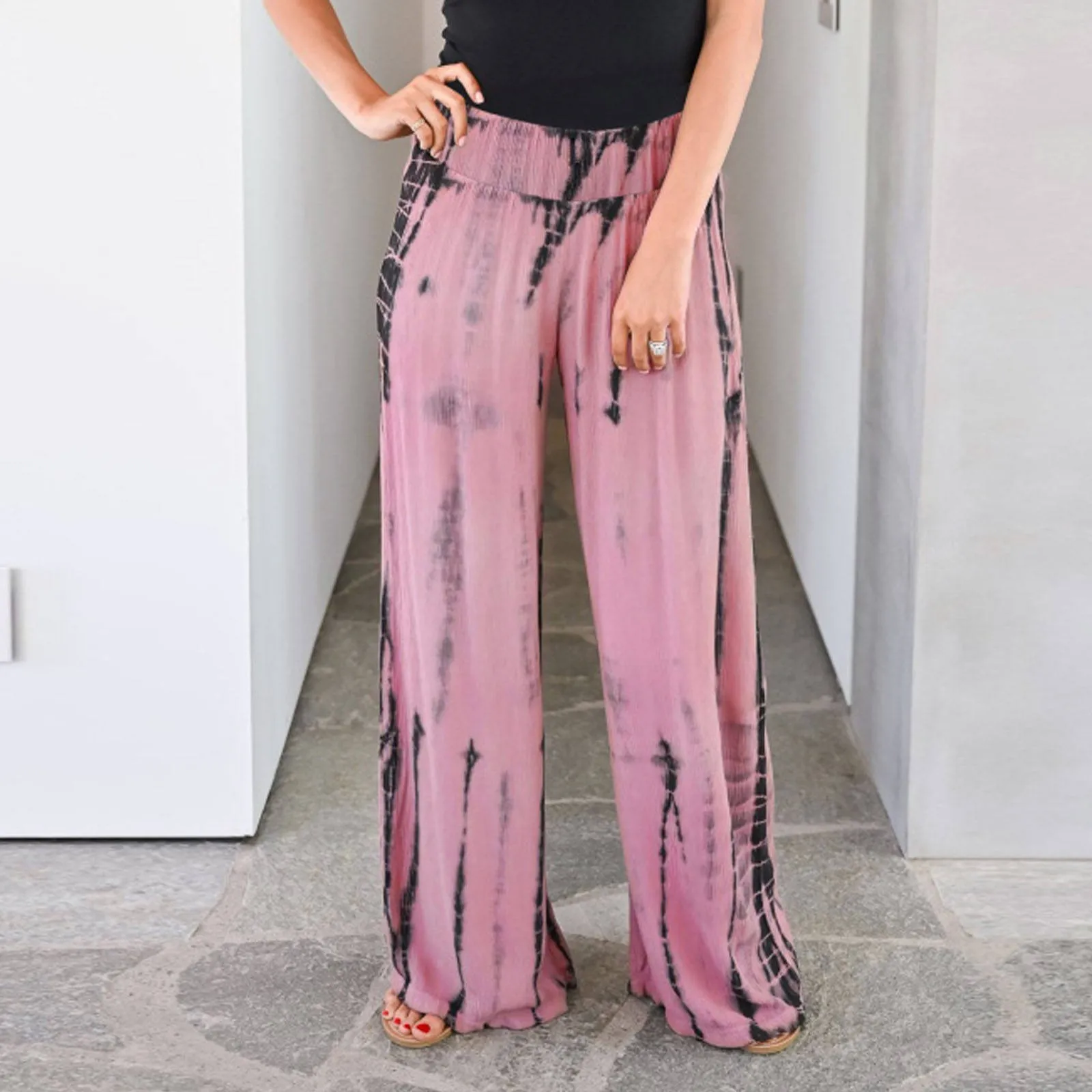 

Women Comfortable Pajama Pants Tie-Dye Printed Lounge Wide Leg Pants pantalones de mujer
