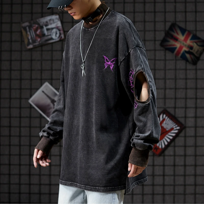 Нерегулярные с длинным рукавом сплит подол старый толстовки для мужчин High Street
