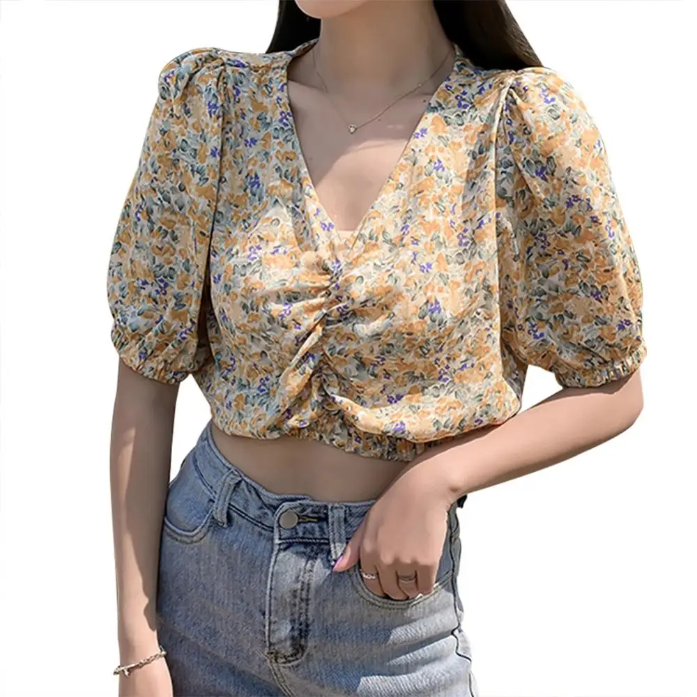 

50% Dropshipping!!Women Vintage Sexy Floral Puff Half Sleeve V Neck Waist Tight T-shirt Top Blouse