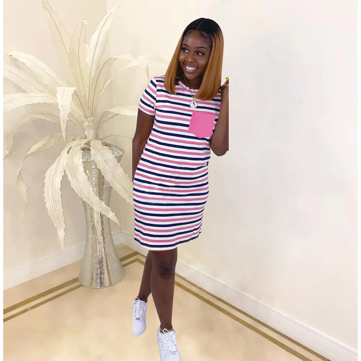 

Chocomist Dresses Casual Striped Print Pocket Design Women Mini Dress