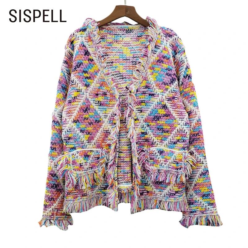 

Женский винтажный вязаный свитер SISPELL, свободный свитер с V-образным вырезом и длинным рукавом, с высокой талией, 2021