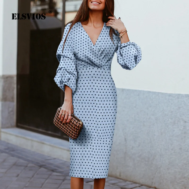 ELSVIOS осеннее женское платье в горошек с v образным вырезом винтажное элегантное