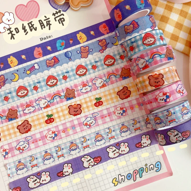 

Cute Cartoon Bear And Rabbit And Paper Tape DIY Hand Account Decoration Can Tear Tape Student Box Tape Roll Book Sticker