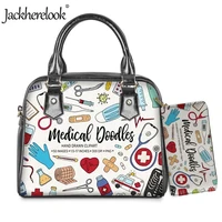 jackherelook nursedoctor pu handbag clutch wallet 2pcsset female tote bag medical doodle pattern crossbody bag for lady bolso