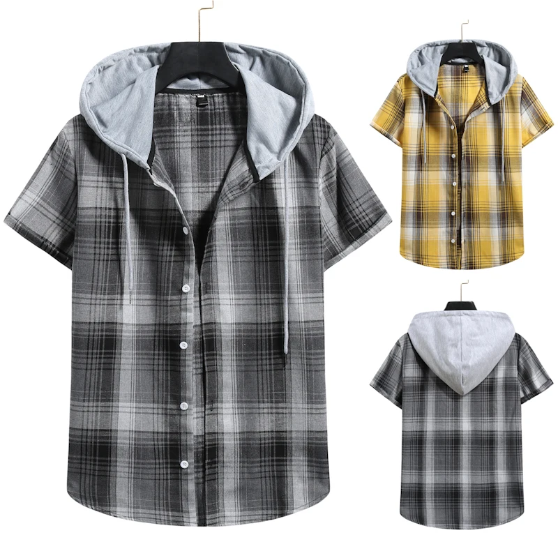 

New checked hooded short-sleeved shirts for men A loose cotton plaid hoodie coat Casual Lovers