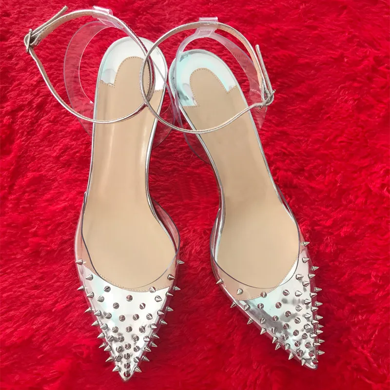 

Women Lady Silver Patent Leather PVC Studded Spikes Rivet Poined Toe Stiletto Heel Slingback High Heels shoes pumps sandals 12CM