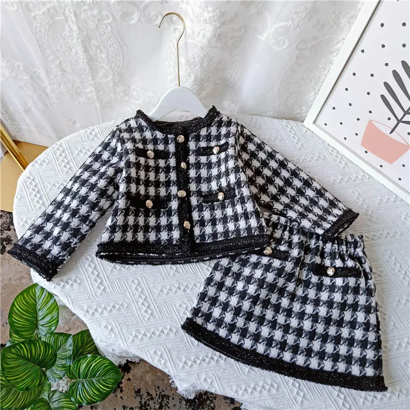 Комплект одежды для девочек VFOCHI Осенний жакет с рисунком гусиные лапки + штаны