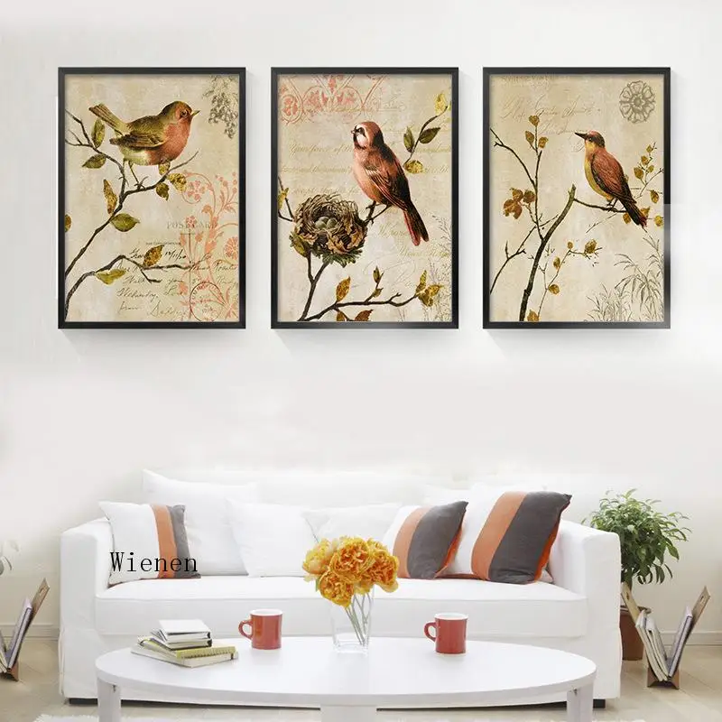 

Watercolor Birds On Tree Canvas Painting Triptych American Vintage Art Print Poster Animal Pattern Wall Art Picture Home Decor