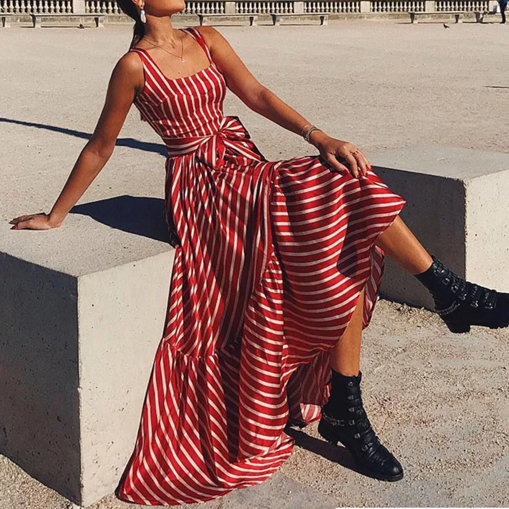 Летние винтажные сандалии с красный в полоску длинные платья Элегантные