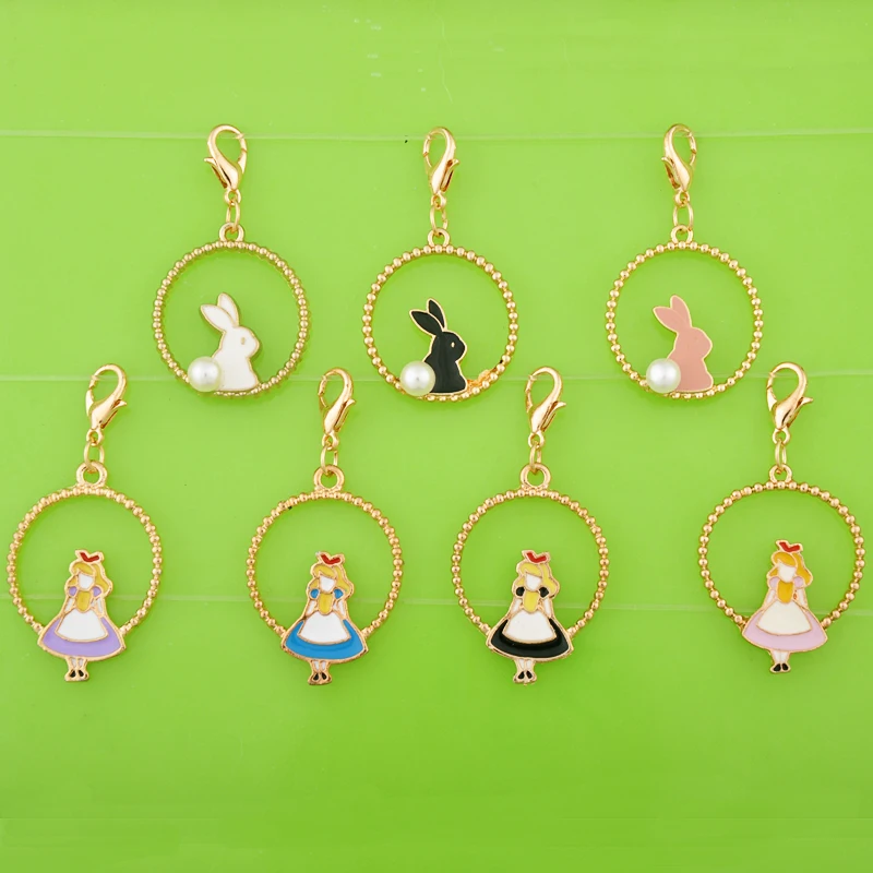 DIY металлическая эмаль круглая Алиса в стране чудес Кролик Шарм с застежкой омар