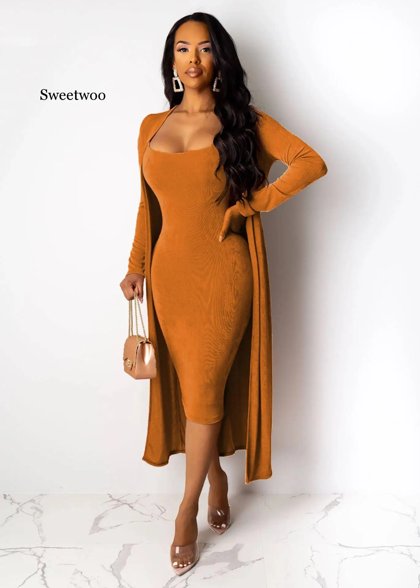 

Women 2 Pieces Autumn Winter Velvet Outfits Long Sleeve Cardigans and Bodycon Dress Sets Classy Church Party Clothing