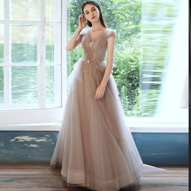 

Вечернее с вырезом «Лодочка» платье с блестками аппликации с открытыми плечами, модное платье с фатиновой юбкой в пол-Длина Серии A-Line, женск...