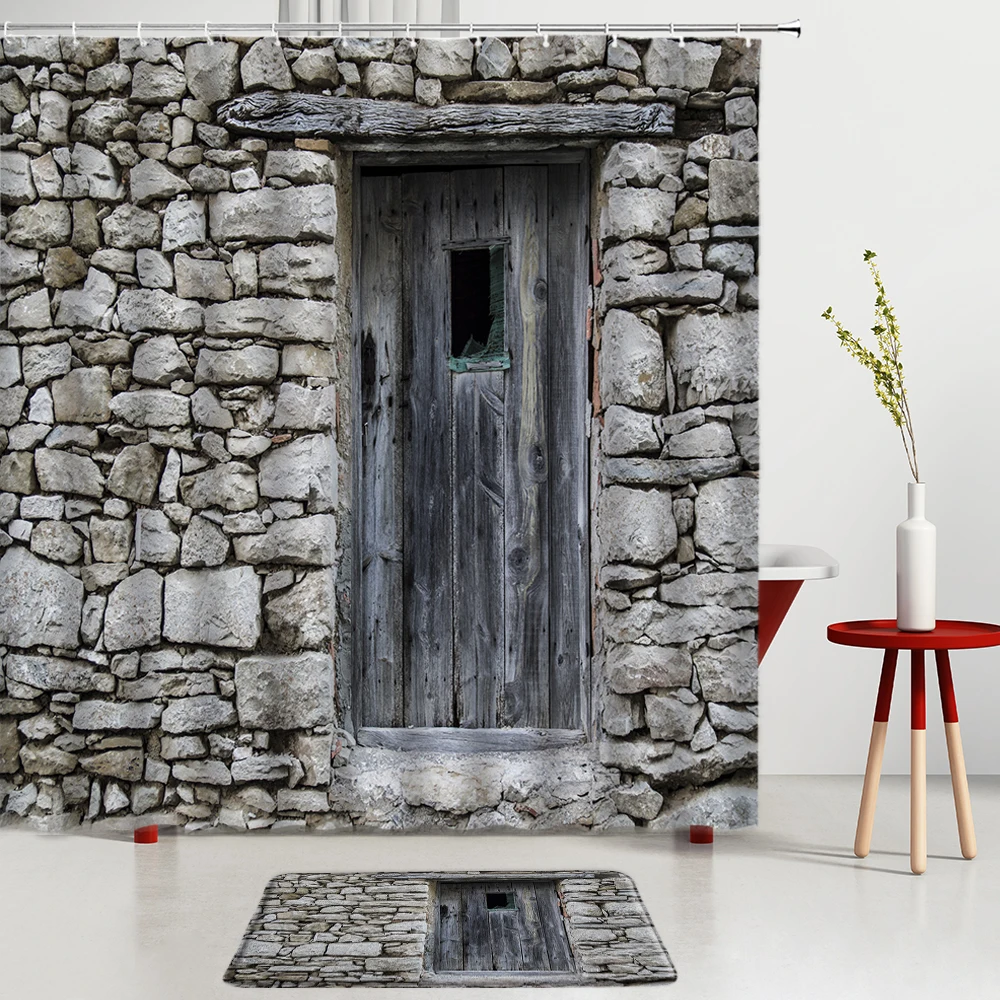 

Vintage Wooden Door Bathroom Sets Shower Curtains Bath Mats Entrance Door Mats Town Scenery Room Decoration Rugs Non-Slip Carpet