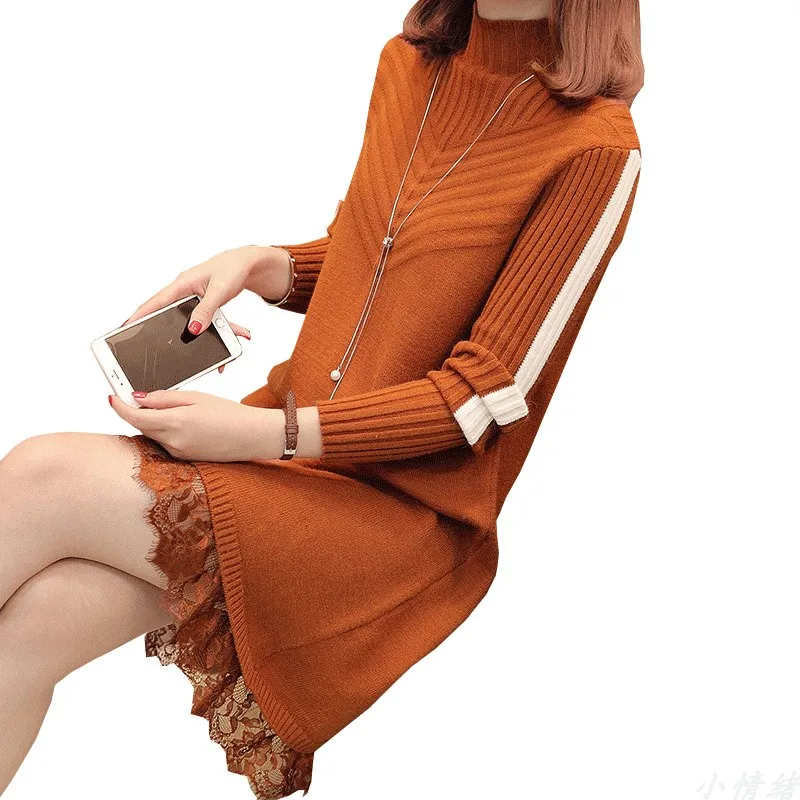 

Autumn Winter New Women Dress Solid Lace Knitted Sweater Dresses Fashion Turtleneck Pullover Female Knitted Dress Vestidos P110