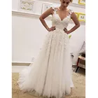 2022 элегантное богемное кружевное свадебное платье с V-образным вырезом длиной до пола Тюлевое свадебное платье с кружевной аппликацией пляжное платье