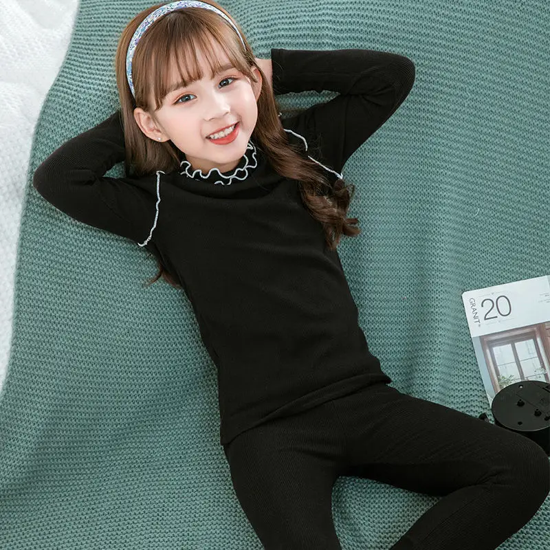Girl's Underwear Pack Half Turtleneck Autumn and Winter Children's Long Johns Top & Bottom Set Girl's Wooden Ear Thickened Base