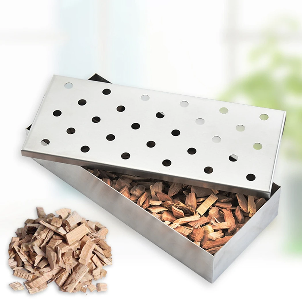 

1pc Hot Selling Stainless Steel Smoker Box Creative Sturdy Wood Chip Smoking Box With Hinged Lid BBQ Tools Solid Color