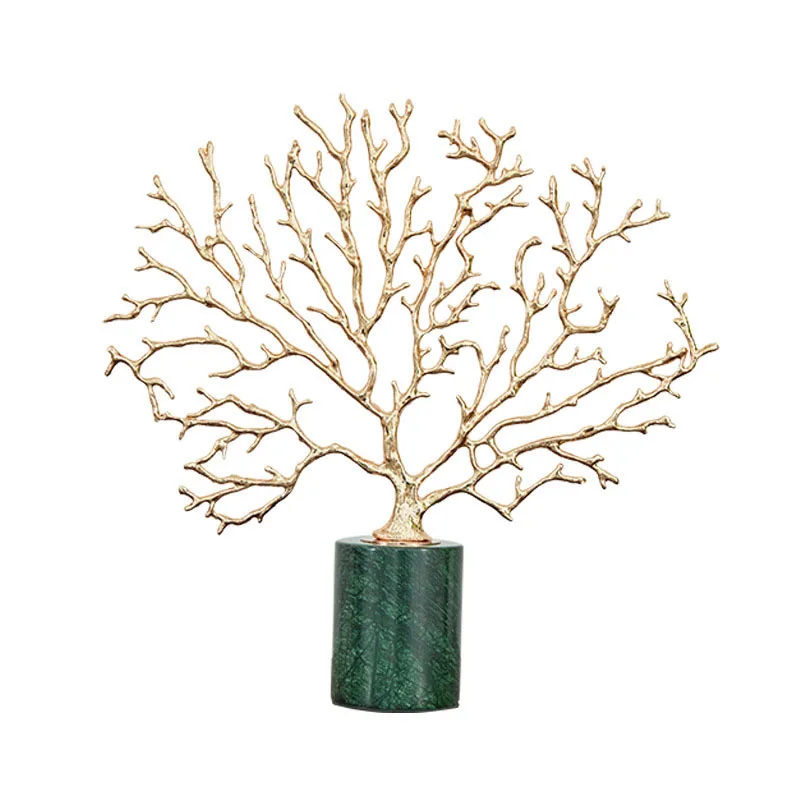 

Golden Coral Marble Ornaments Desk Decor Sculpture Crafts Figurines Plating Alloy Tree Branch Home Decoration Accessories Modern