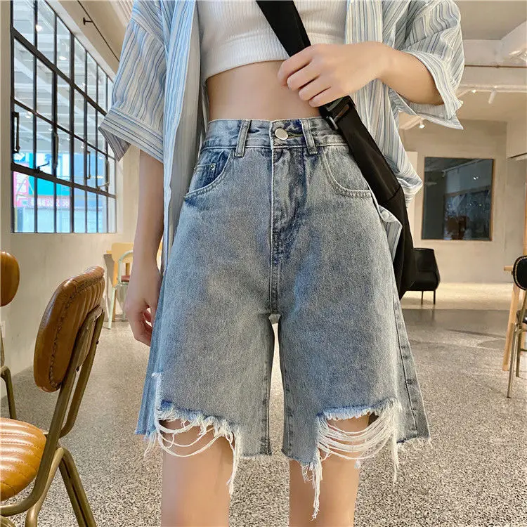 

Summer Ins Harajuku High Waist Ripped Denim Shorts Female Loose Wide-legged Thin Straight Trend Clothes for Women