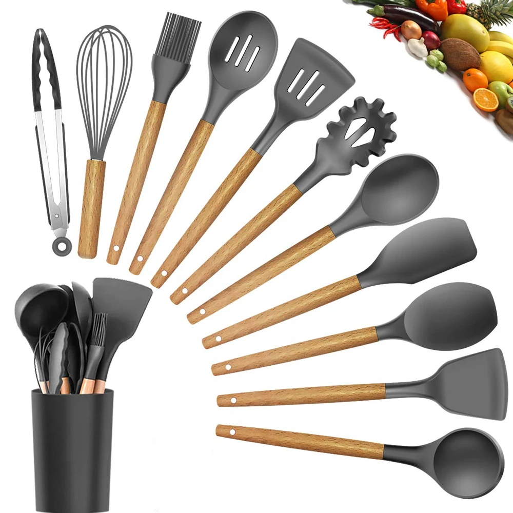 

Best Silicone Cooking Utensil Set Wooden Handle Spatula Soup Spoon Brush Ladle Pasta Colander Non-stick Cookware Kitchen Tools