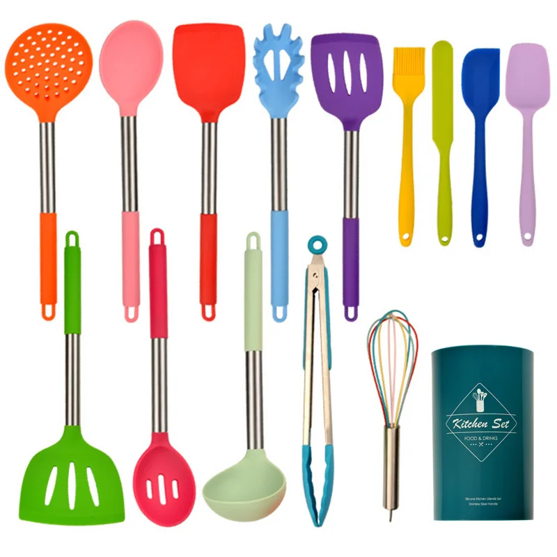 Silicone Cooking Utensils Set, 14/15Pcs Non-stick Kitchen Cooking Tools Set, Cookware with Stainless Steel Handle