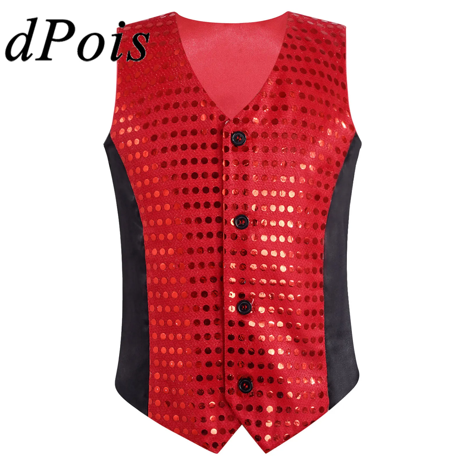 

Teens Kids Boys Sequins Vest Jazz Dance Wear Children's V Neck Sleeveless Vests Fashion Waistcoat Magic Show Performance Costume