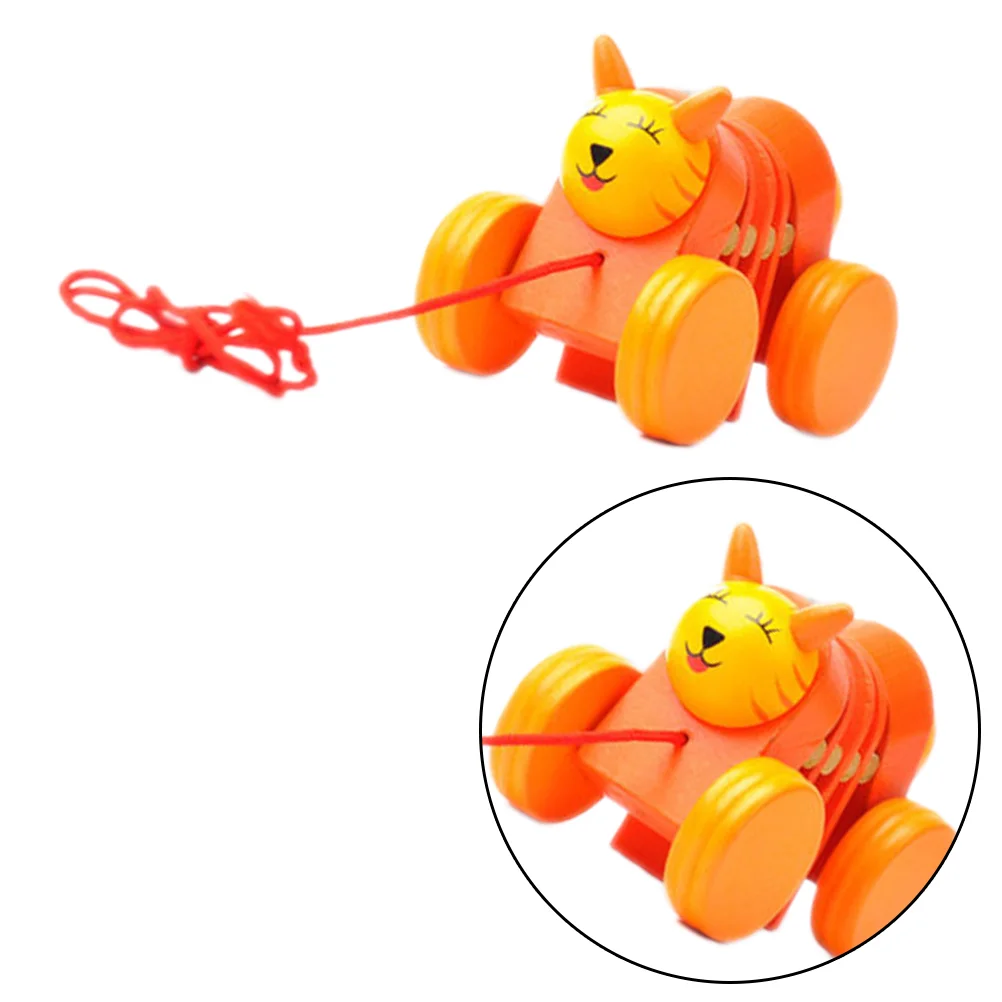 

Kids Pulling String Wooden Traction Cartoon Tiger Shaped Pulling Cart Orange