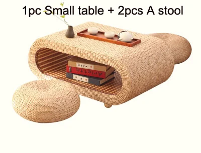 S table 2pcs A stool 1 шт стол+ 2 шт табурет пасторальный стиль овальной формы соломенный Плетеный чайный столик японский антикварный журнальный столик маленький чайный столик - Цвет: S table 2pcs A stool