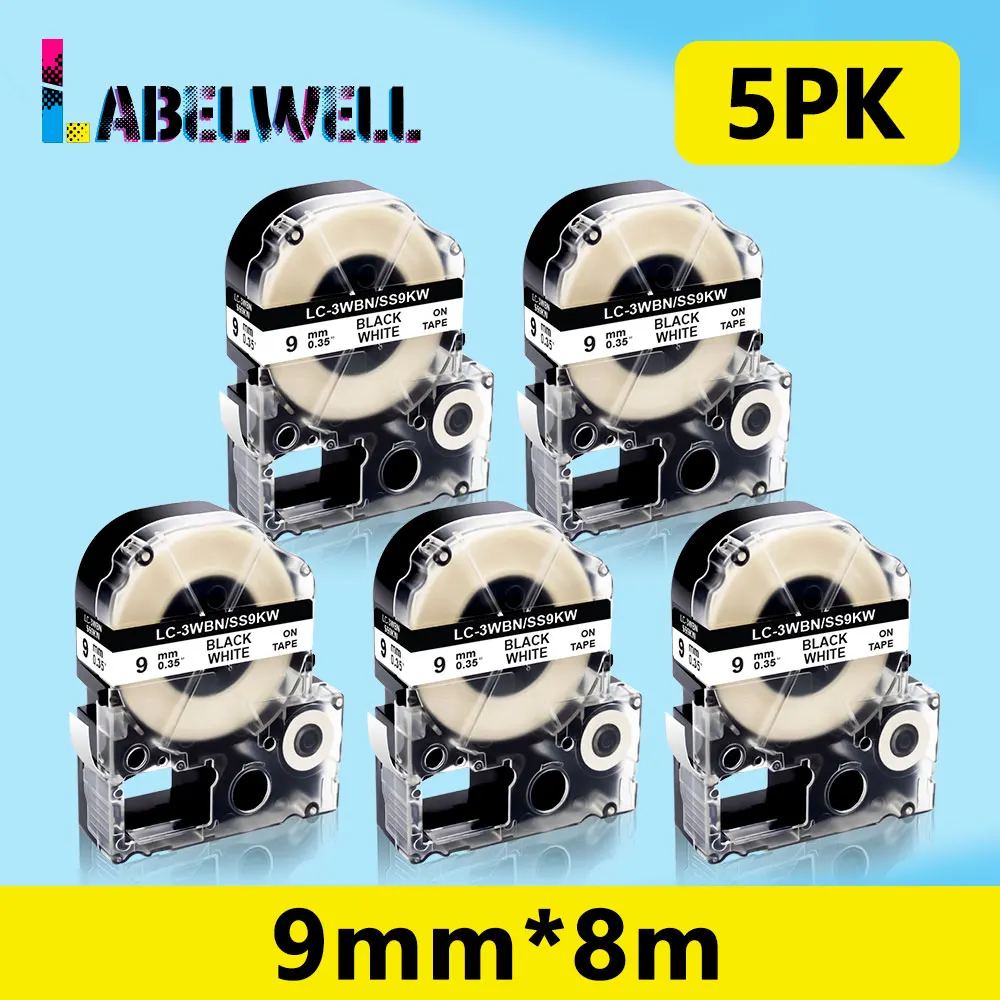 

Labelwell 5Pcs 9mm SS9KW LC-3WBN Label tape Black on White compatible for Epson Kingjim SS9KW LW-300 LW-400 LW-600P label maker