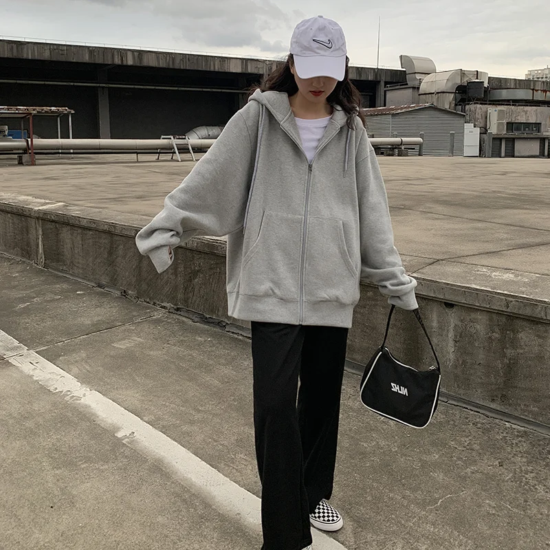 

zip-up Women Korean Style hoodies Vintage Solid Color Long Sleeve Oversized Hooded Sweatshirt Lady Women Casual Large Coats