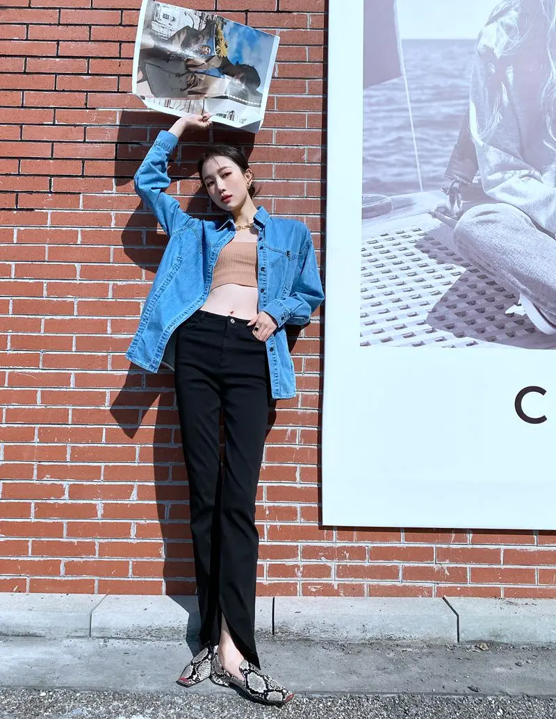 

New 2021 high streetwear fashion denim cotton shirt single breasted women top female