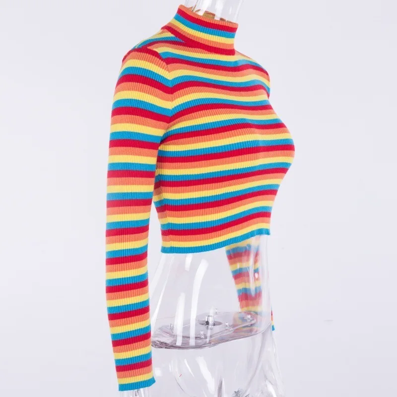 Новинка, женские свитера с высоким воротом, модные вязаные пуловеры радужной расцветки, осенне-зимний свитер, Женский плотный вязаный свитер, уличная одежда