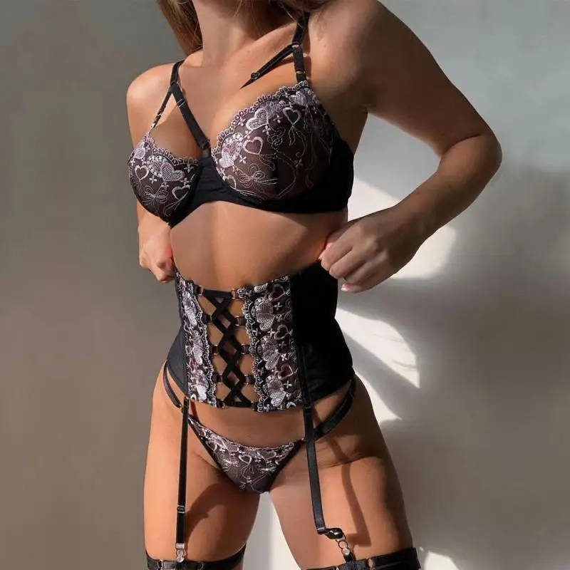 

2022 Women's Underwear Fancy Bra with Bones Brief Sets Bandage Waistband Sexy Bilizna Set Ellolace Sensual Lingerie Woman Erotic