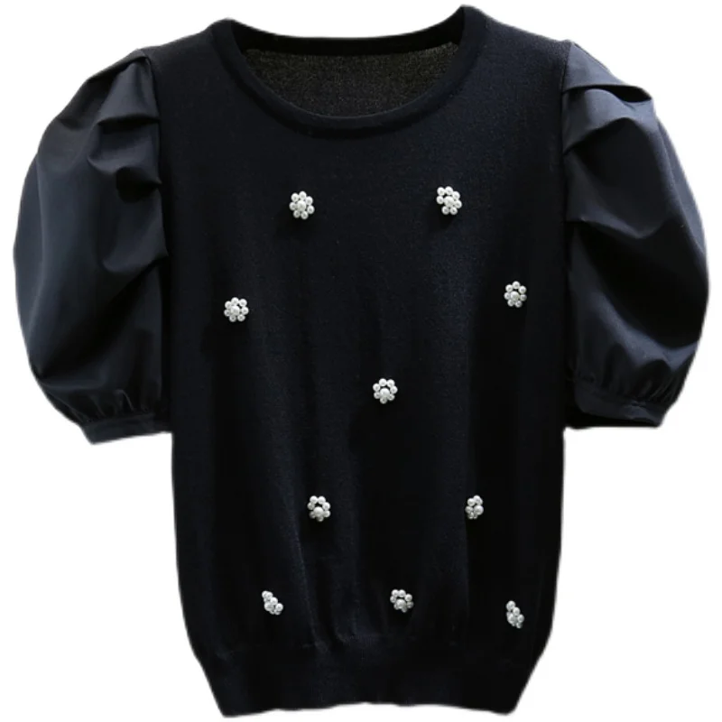 

Beads Ice Silk Short Sleeve Knitted T-shirt Women 2021 Summer Korean Style Slim Fit Puff Sleeved Tops Femme