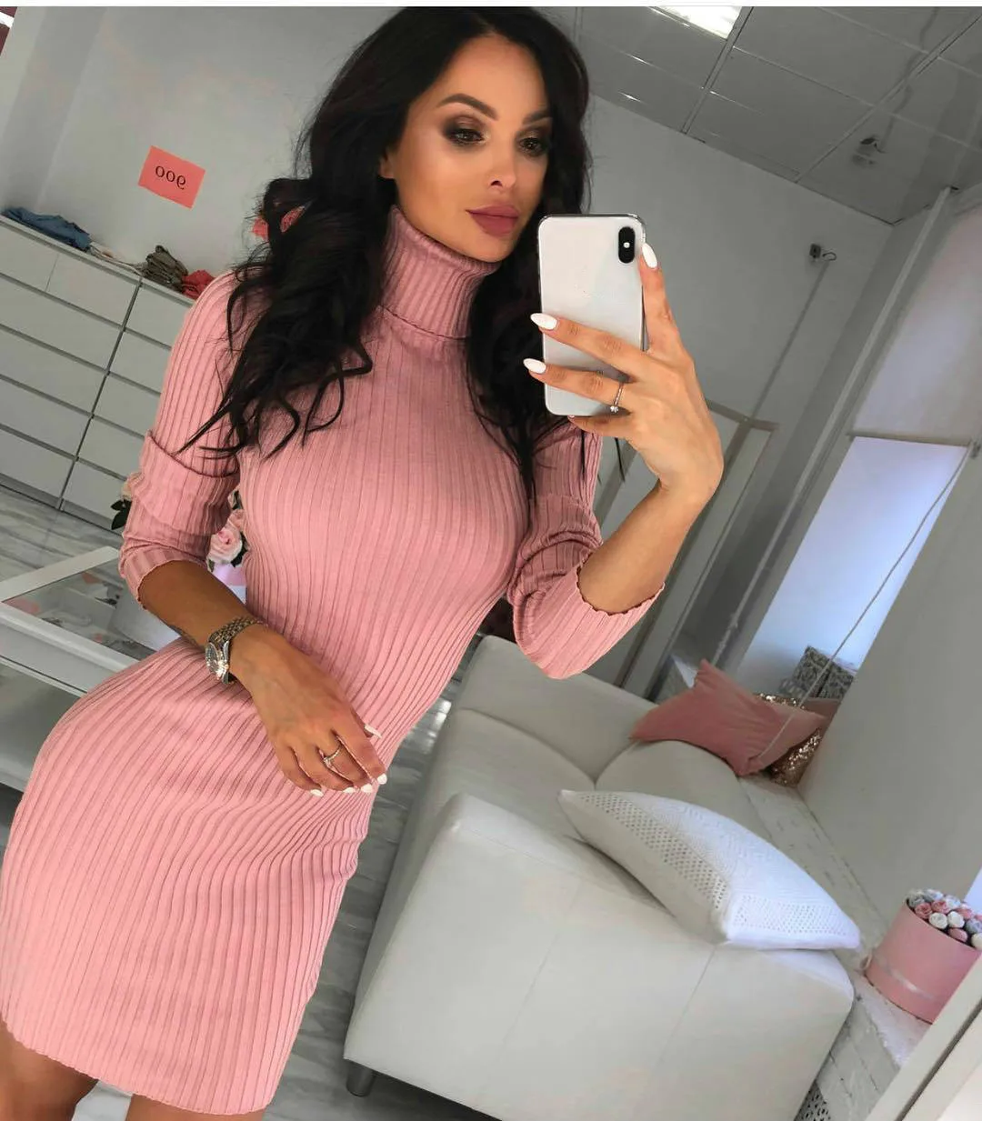 

2020 New Autumn Winter Mini Dress For Women Sexy Turtleneck Sweater Women Dress Solid Long Sleeve Fashion Comfortable vestidos