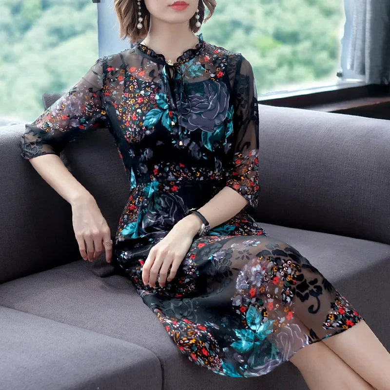 Летнее платье в стиле ретро для женщин Сетчатое с цветочным рисунком элегантное