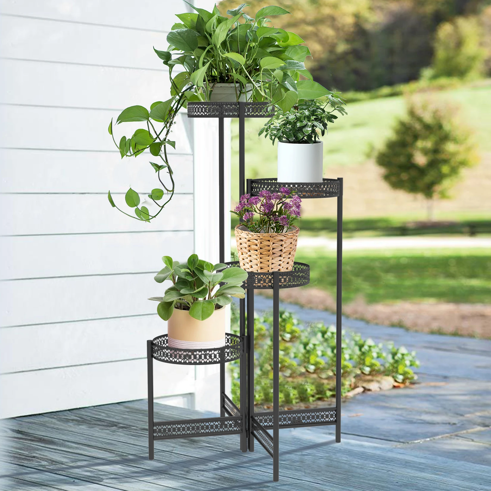 

3/4 Tier Metal Plant Stand Indoor Black Tall Flower Pot Holder Display Rack Foldable for Patio Garden Living Room Corner Balcony